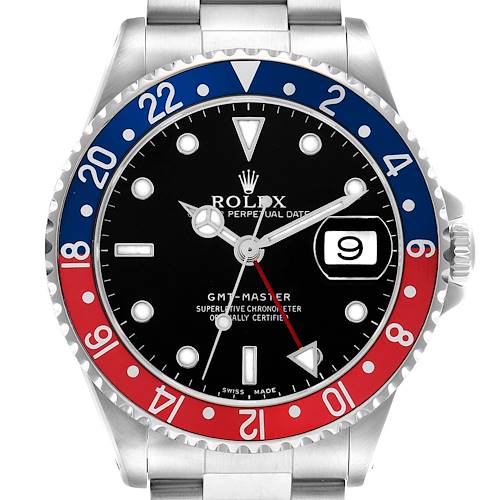 The image shows a front view of the Rolex GMT-Master 16700 Men's Stainless Steel Black Dial watch face, highlighting the bezel, hands, and date window.