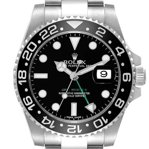 The image shows a front view of a Rolex GMT-Master 116710 Men's Stainless Steel Black Dial 116710 Men's Stainless Steel Black Dial II watch, highlighting its dial, bezel, and date window.