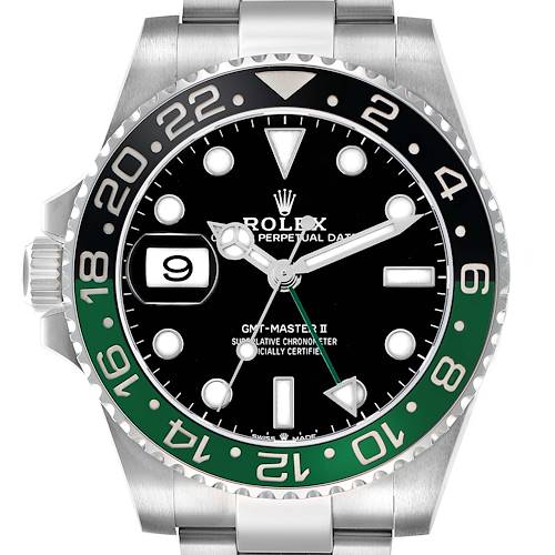 The Rolex GMT-Master 126720 Men's Stainless Steel Black Dial watch is shown from the front, highlighting the bezel, dial, hands, and part of the bracelet.