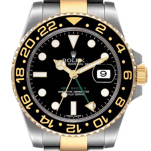 The image shows a Rolex GMT-Master 116713 Men's Steel and Gold (two tone) Black Dial 116713 Men's Steel and Gold (two tone) Black Dial II watch from a front angle, displaying the bezel, dial, hands, and date window.