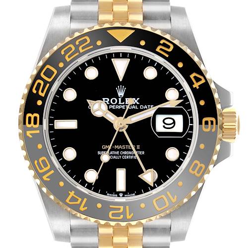 The Rolex GMT-Master 126713 Men's Steel and Gold (two tone) Black Dial watch is shown from the front, highlighting the bezel, dial, hands, and date window.