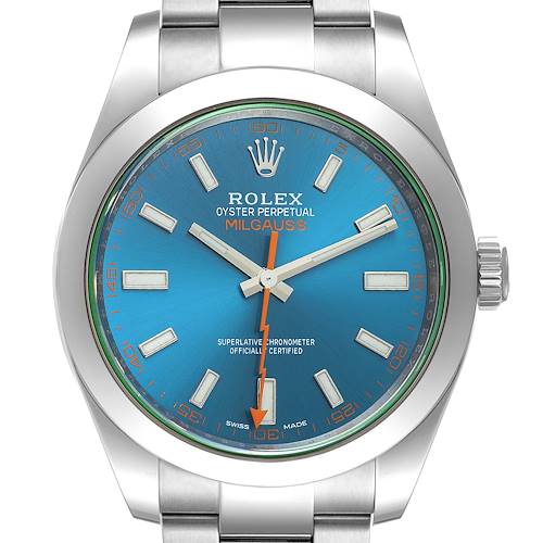 The image shows a face-on view of a Rolex Milgauss 116400GV Men's Stainless Steel Blue Dial 116400GV Men's Stainless Steel Blue Dial watch, displaying the dial, hands, bezel, and part of the bracelet.