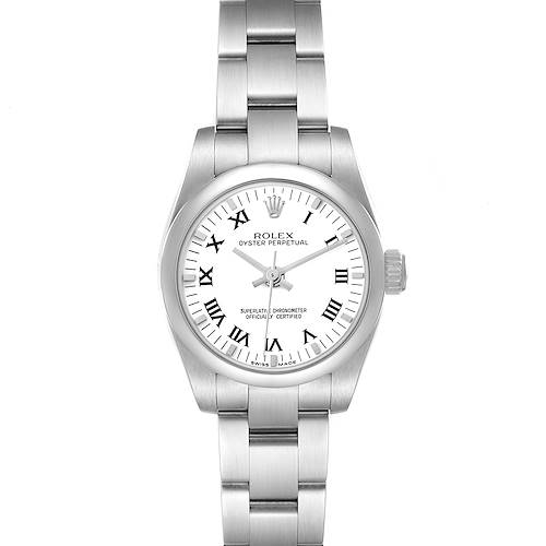 The Rolex Oyster Perpetual 176200 Women's Stainless Steel White Dial watch is shown from a top-down angle, displaying the face, bezel, and bracelet clearly.