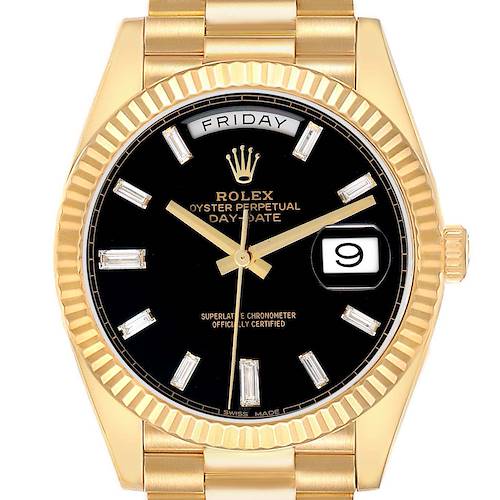 The Rolex President 228238 Men's Yellow Gold Black Dial model is shown from a front angle, displaying the watch face, fluted bezel, bracelet, and day-date features.