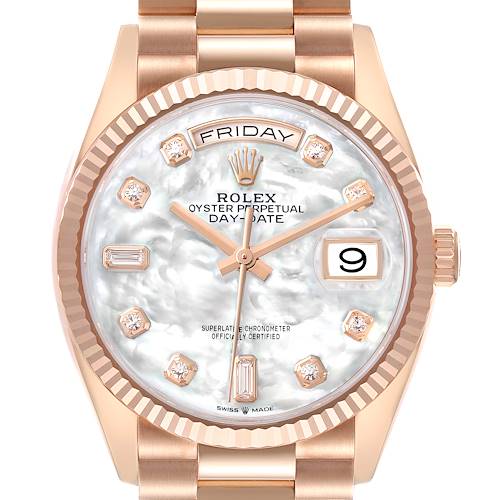 The Rolex President 128235 Men's Rose Gold Mother of Pearl Dial model is shown from the front, featuring the watch face, bezel, and part of the bracelet.