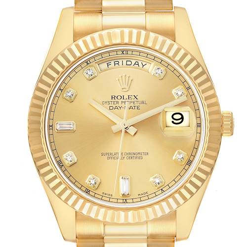 The image shows a front view of the Rolex President 218238 Men's Yellow Gold Champagne Dial Day-Date watch, highlighting the dial, hands, bezel, and date window.