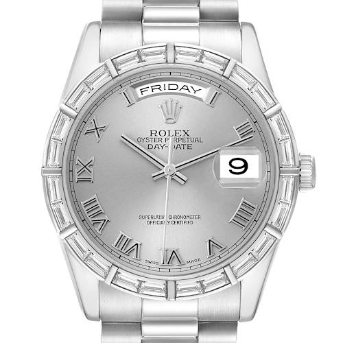 The Rolex President 118366 Men's Platinum Silver Dial model is shown from the front, highlighting its bezel, dial, day-date display, and bracelet.