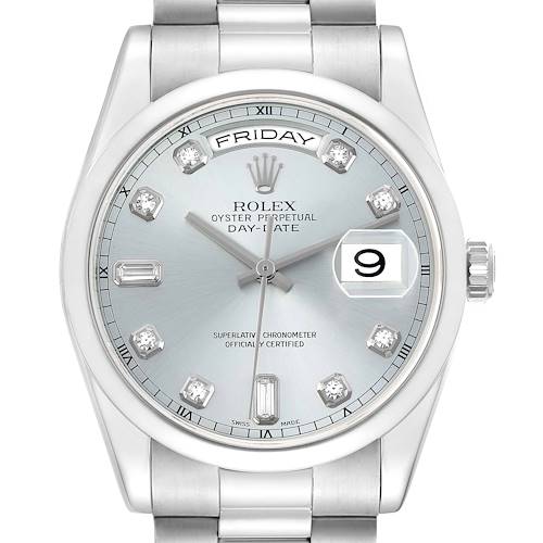 The Rolex President 118206 Men's Platinum Blue Dial model is shown from a front view, highlighting the dial, bezel, and partial bracelet.