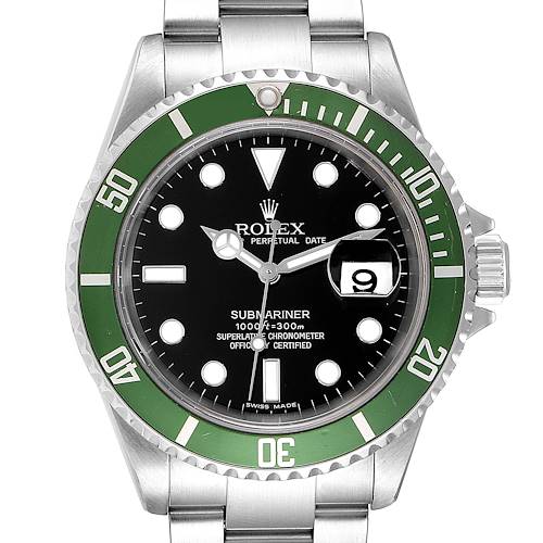 This image shows a front view of a Rolex Submariner 16610LV Men's Stainless Steel Black Dial 16610LV Men's Stainless Steel Black Dial watch, highlighting the dial, bezel, and part of the bracelet.