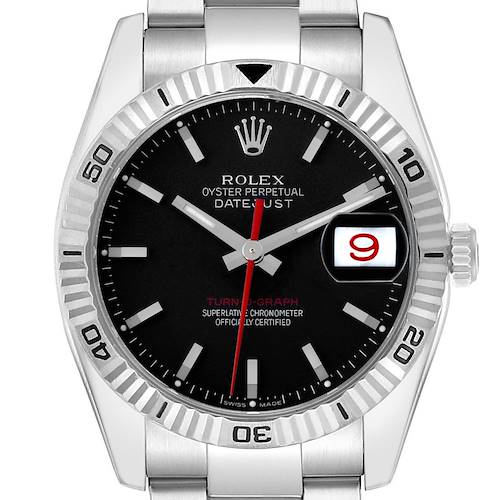 The Rolex Turn-o-Graph 116264 Men's Stainless Steel Black Dial watch is shown from the front, highlighting its bezel, dial, hands, and date window.