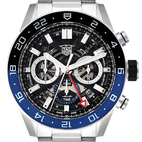 The image shows a Tag Heuer Carrera CBG2A1Z.BA0658 Men's Stainless Steel Black Dial CBG2A1Z.BA0658 Men's Stainless Steel Black Dial watch from a front angle, displaying its dial, hands, subdials, and part of its bezel and bracelet.