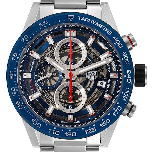 The image shows a Tag Heuer Carrera CAR201T.BA0766 Men's Stainless Steel Blue Dial CAR201T.BA0766 Men's Stainless Steel Blue Dial watch face with a tachymeter bezel and chronograph subdials.