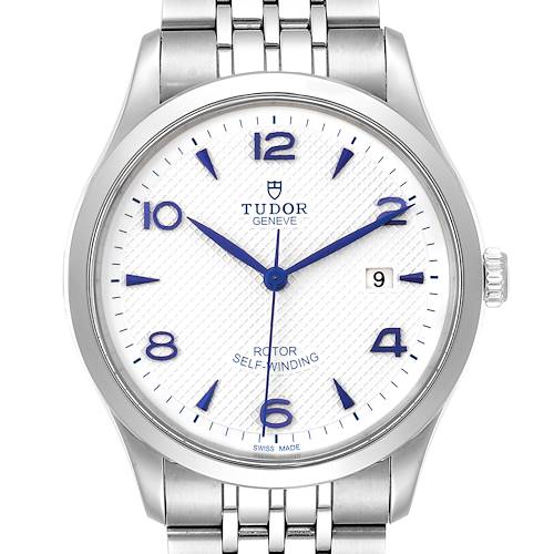 This image shows a frontal view of the Tudor 1926 M91650-0005 Men's Stainless Steel Silver Dial M91650-0005 Men's Stainless Steel Silver Dial watch, highlighting its dial, hands, date window, and bracelet.