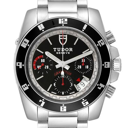 The image shows the front view of a Tudor Grantour 20350N Men's Stainless Steel Black Dial 20350N Men's Stainless Steel Black Dial watch, including its dial, bezel, and crown.