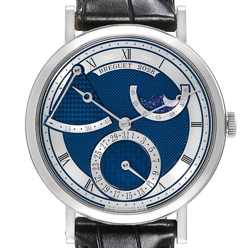 The image shows a front view of the Breguet Classique 7137BB/Y5/9VU Men's White Gold Blue Dial 7137BB/Y5/9VU Men's White Gold Blue Dial watch, displaying its dial, hands, and moon phase indicator.