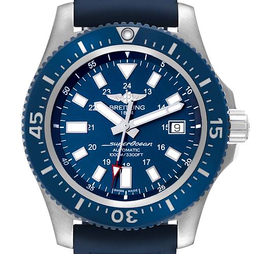 The image shows a front view of the Breitling Superocean Y17393 Men's Stainless Steel Blue Dial Y17393 Men's Stainless Steel Blue Dial watch, highlighting its face, bezel, and crown.