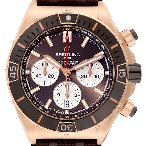 The image shows a front view of a Breitling Chronomat RB0136E31Q1S1 Men's Rose Gold Brown Dial RB0136E31Q1S1 Men's Rose Gold Brown Dial watch, highlighting the dial, chronograph sub-dials, and tachymeter bezel.