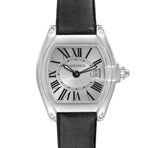 The Cartier Roadster W62016V3 Women's Stainless Steel Silver Dial watch is shown from a front view, highlighting the dial, Roman numerals, and date window.