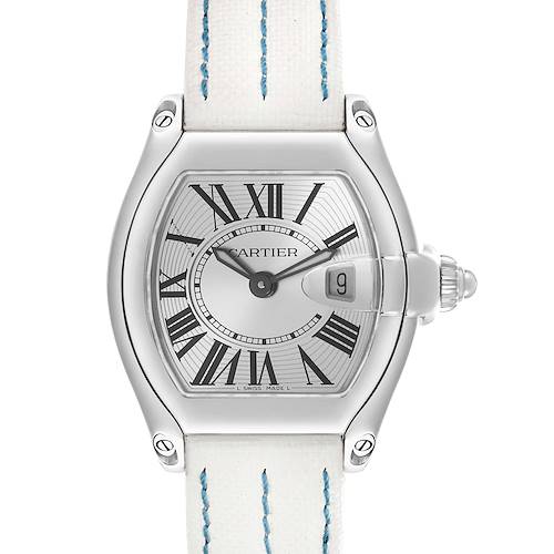 The Cartier Roadster W62016V3 Women's Stainless Steel Silver Dial watch is shown from the front, highlighting the dial, Roman numerals, and date window.