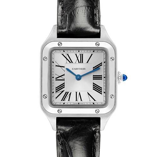 The Cartier Santos WSSA0023 Women's Stainless Steel Silver Dial watch is shown from the front, displaying its face, Roman numerals, blue hands, and black leather strap.