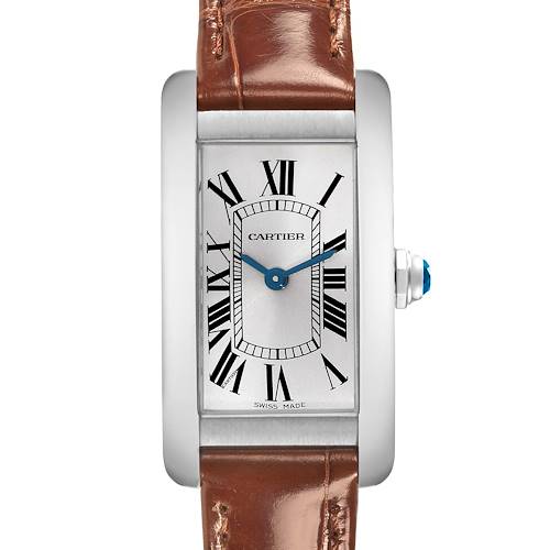 The image shows a front view of the Cartier Tank Americaine WSTA0016 Women's Stainless Steel Silver Dial WSTA0016 Women's Stainless Steel Silver Dial watch, focusing on the dial, case, and brown leather strap.
