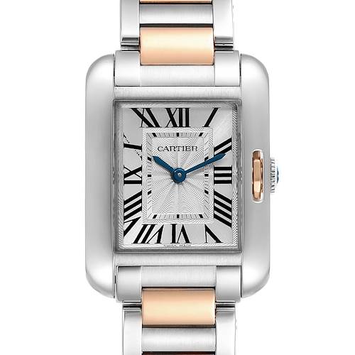 The image shows a front view of the Cartier Tank Anglaise W5310019 Women's Steel and Gold (two tone) Silver Dial W5310019 Women's Steel and Gold (two tone) Silver Dial watch, highlighting the face, hands, and part of the strap.
