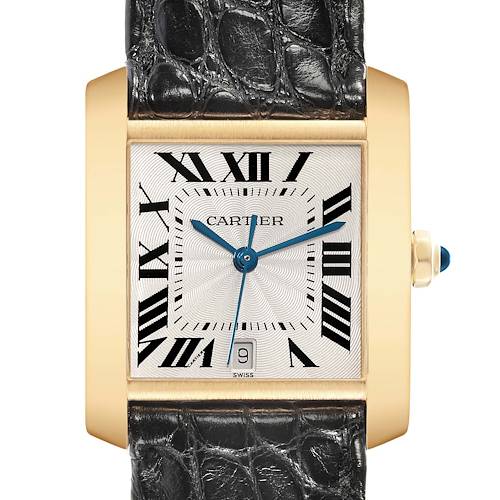 The image shows a front view of the Cartier Tank Francaise W5000156 Men's Yellow Gold Silver Dial W5000156 Men's Yellow Gold Silver Dial watch, featuring its face, hands, date window, and part of the strap.