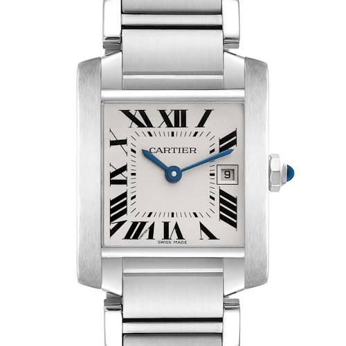 The image shows a front view of the Cartier Tank Francaise W51011Q3 Women's Stainless Steel Silver Dial W51011Q3 Women's Stainless Steel Silver Dial watch, highlighting its rectangular case, Roman numeral dial, date window, and metal bracelet.