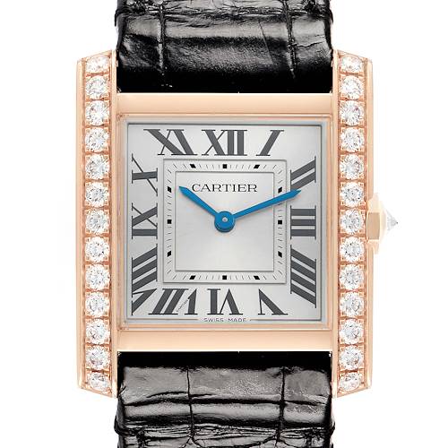 The Cartier Tank Française watch is shown from a frontal angle, highlighting its rectangular face, Roman numerals, diamond bezel, and leather strap.