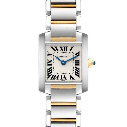 The image shows a front view of a Cartier Tank Francaise W51007Q4 Women's Steel and Gold (two tone) Silver Dial W51007Q4 Women's Steel and Gold (two tone) Silver Dial watch, highlighting the rectangular face, Roman numerals, and metal bracelet.