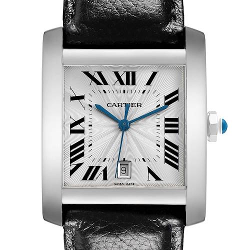 The Cartier Tank Française watch is shown from a frontal angle, highlighting its face, Roman numerals, and leather strap.