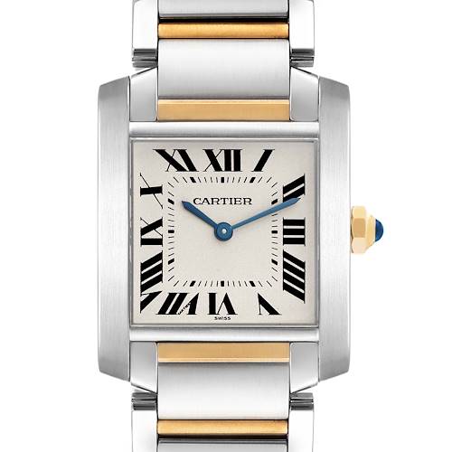 This image shows a front view of a Cartier Tank Francaise W51006Q4 Women's Steel and Gold (two tone) Silver Dial W51006Q4 Women's Steel and Gold (two tone) Silver Dial watch, displaying its face, Roman numerals, and part of its two-tone metal bracelet.