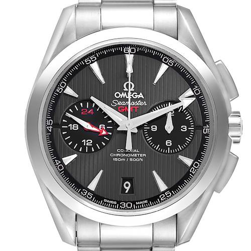 The Omega Seamaster 231.10.43.52.06.001 Men's Stainless Steel Grey Dial is shown from the front, displaying its dial, bezel, crown, and part of the bracelet.