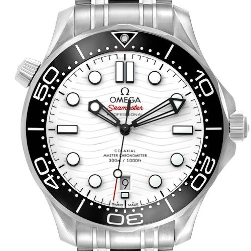The Omega Seamaster 210.30.42.20.04.001 Men's Stainless Steel White Dial is shown from the front, displaying the dial, bezel, and part of the bracelet.