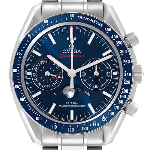The Omega Speedmaster 304.33.44.52.03.001 Men's Stainless Steel Blue Dial watch is shown from the front, displaying the dial, bezel, and chronograph features.