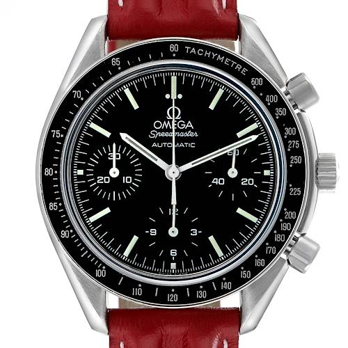 The Omega Speedmaster 3539.50.00 Men's Stainless Steel Black Dial watch is shown from the front, displaying the dial, bezel, subdials, and pushers with a red strap.