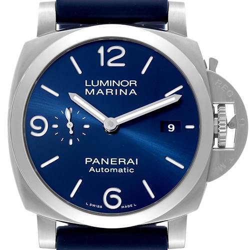 This Panerai Luminor PAM01313 Men's Stainless Steel Blue Dial PAM01313 Men's Stainless Steel Blue Dial Marina watch is shown from a top view, displaying its blue dial, hour markers, hands, and date window.