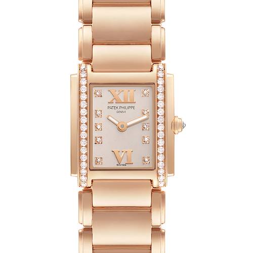This image shows a front view of the Patek Philippe Twenty-4 4908/11R-011 Women's Rose Gold Silver Dial 4908/11R-011 Women's Rose Gold Silver Dial watch featuring its dial, hands, case, and bracelet.