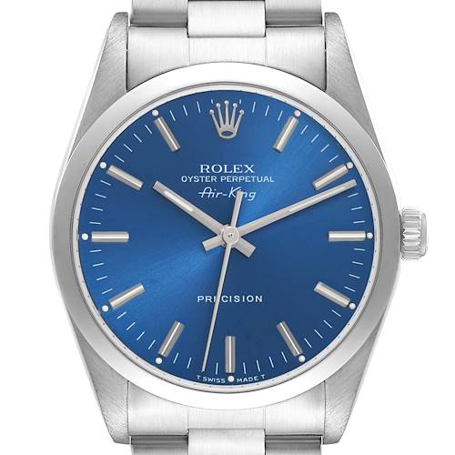 The Rolex Air-King 14000 Men's Stainless Steel Blue Dial watch is shown from a frontal angle, displaying the blue dial, silver hands, markers, and part of the bracelet.