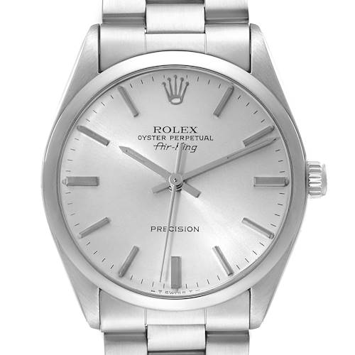 This image shows a front view of the Rolex Vintage Collection 5500 Men's Stainless Steel Silver Dial 5500 Men's Stainless Steel Silver Dial Oyster Perpetual Air-King, including the dial, crown, and part of the bracelet.