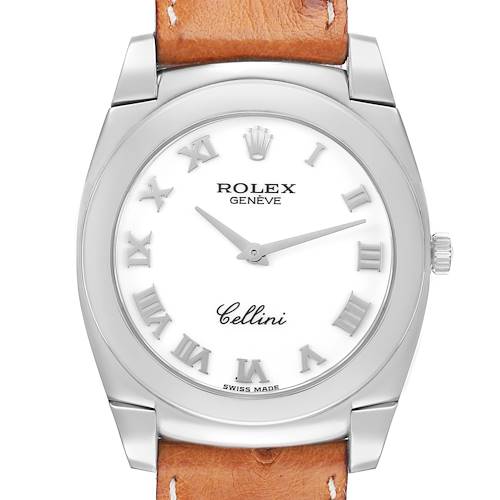 This image shows a front view of a Rolex Cellini 5330 Men's White Gold White Dial watch, displaying its dial with Roman numerals and a leather strap.