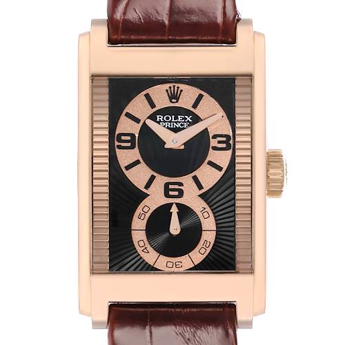 The Rolex Cellini 5442/5 Men's Rose Gold Black Dial watch is shown from a direct front angle, highlighting its rectangular face, dial, crown, and leather strap.