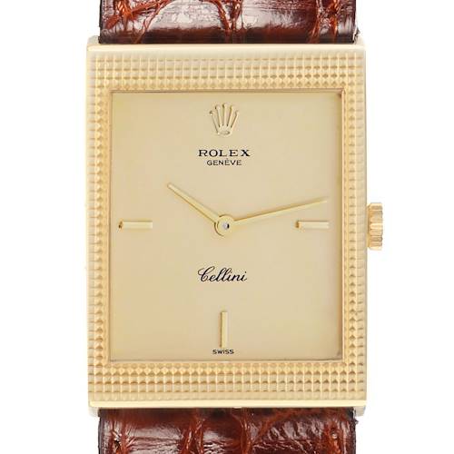 The Rolex Cellini 4127 Men's Yellow Gold Champagne Dial watch is shown from the front, highlighting the face, bezel, hands, crown, and part of the leather strap.