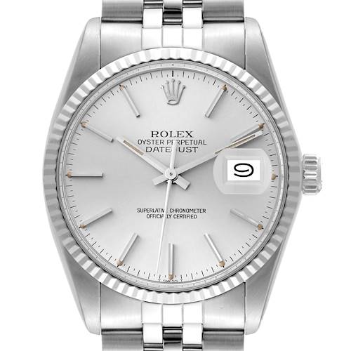 The image shows a front view of the Rolex Vintage Collection 16014 Men's Stainless Steel Silver Dial 16014 Men's Stainless Steel Silver Dial Datejust, displaying its dial, bezel, crown, and part of the bracelet.