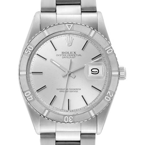 This image shows a front view of the Rolex Vintage Collection 1625/4 Men's Stainless Steel Silver Dial 1625/4 Men's Stainless Steel Silver Dial Oyster Perpetual Datejust watch, highlighting the dial, bezel, and bracelet.