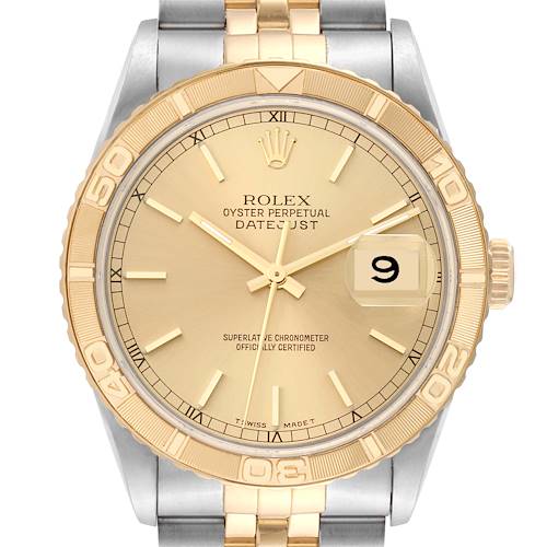 This is a front view of the Rolex Turn-o-Graph 16263 Men's Steel and Gold (two tone) Champagne Dial 16263 Men's Steel and Gold (two tone) Champagne Dial, showing its gold bezel, dial, date display, and two-tone bracelet.