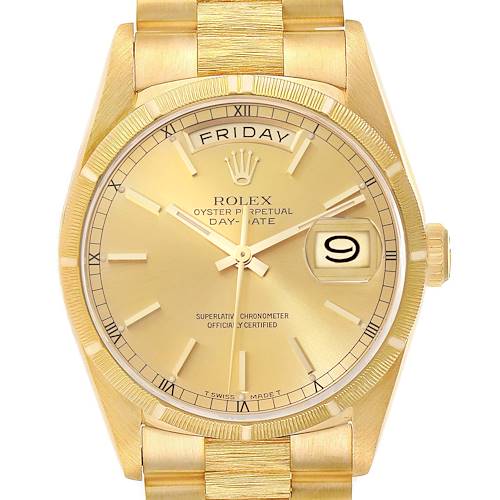 This image shows a front view of the Rolex President 18248 Men's Yellow Gold Champagne Dial 18248 Men's Yellow Gold Champagne Dial model watch, highlighting its gold dial, day and date windows, and bracelet.