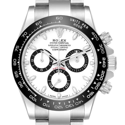The Rolex Daytona 116500 Men's Stainless Steel White Dial watch is shown from the front, highlighting the dial, bezel, sub-dials, and bracelet.