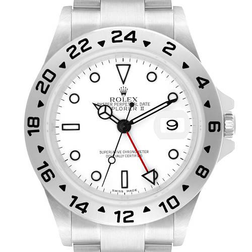 The Rolex Explorer 16570 Men's Stainless Steel White Dial II watch is shown from a top view, displaying the full face, bezel, and partial bracelet.