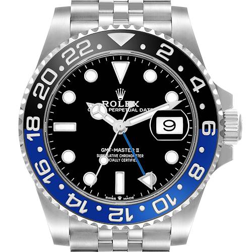 The Rolex GMT-Master 126710 Men's Stainless Steel Black Dial model is shown from the front, highlighting the bezel, dial, date window, and part of the bracelet.